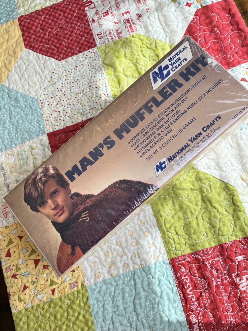 National Yarn Crafts Mans Muffler Scarf Kit Monogram #5236 NIB Navy Blue Acrylic
